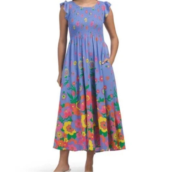 Mister Zimi Blue Meadow Floral Print Abbie Elasticized Smocked   Midi Dress 6 - Picture 4 of 7